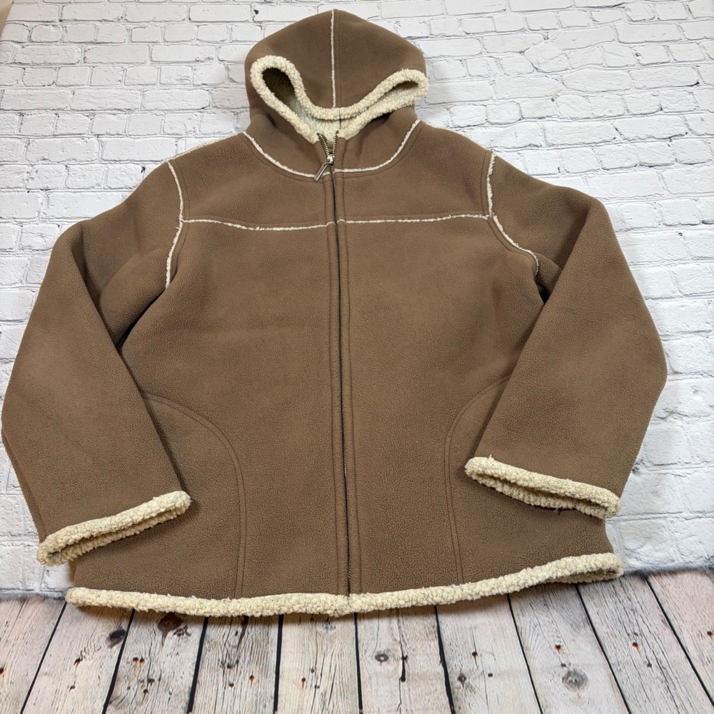 Crazy Horse Liz Claiborne Brown Fleece Faux Shearling Zip Up Hooded Jacket Small